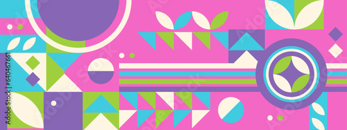 Abstract Geometric Pattern Artwork. Retro colors and color background. Grid with colored geometric shapes. Modern abstract promotional flyer, background, brochure, pattern.