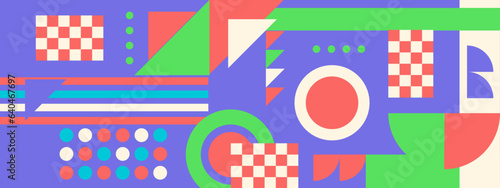 Abstract Geometric Pattern Artwork. Retro colors and color background. Grid with colored geometric shapes. Modern abstract promotional flyer, background, brochure, pattern.