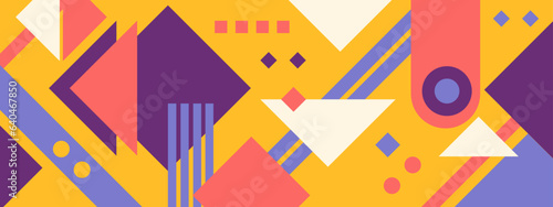 Abstract Geometric Pattern Artwork. Retro colors and color background. Grid with colored geometric shapes. Modern abstract promotional flyer, background, brochure, pattern.
