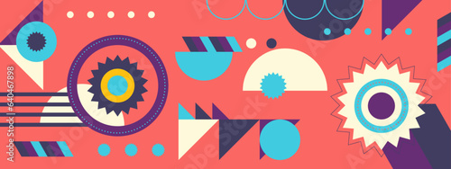 Abstract Geometric Pattern Artwork. Retro colors and color background. Grid with colored geometric shapes. Modern abstract promotional flyer, background, brochure, pattern.