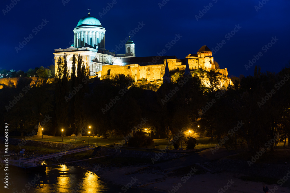 Photo of Basilica on the hills of the evening Esztergom in Hungary outdoor.
