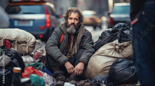 Homeless garbage collector walking city streets alone and looking at camera. © Bnetto