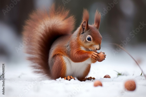 a squirrel eating nuts in the snow