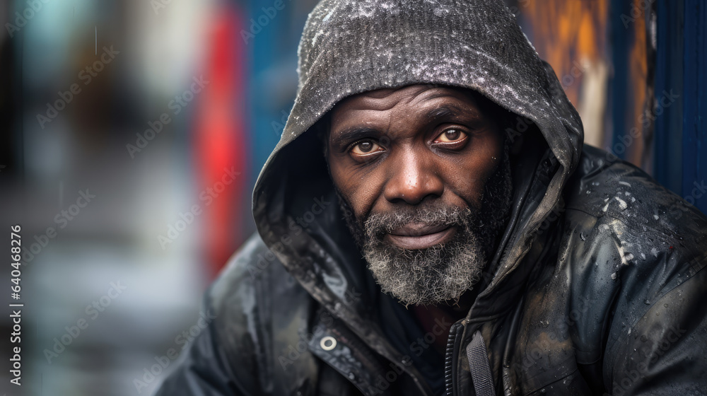 Black homeless garbage collector walking down the city street looking at the camera.