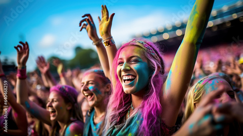 Immerse yourself in the euphoria of summer festivals, featuring joyful girls with pink and aqua hair. A blend of youthful energy, trendsetting fashion, and unforgettable moments, all enriched by Gener photo