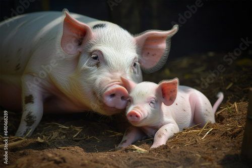 a mother pig playing with her young