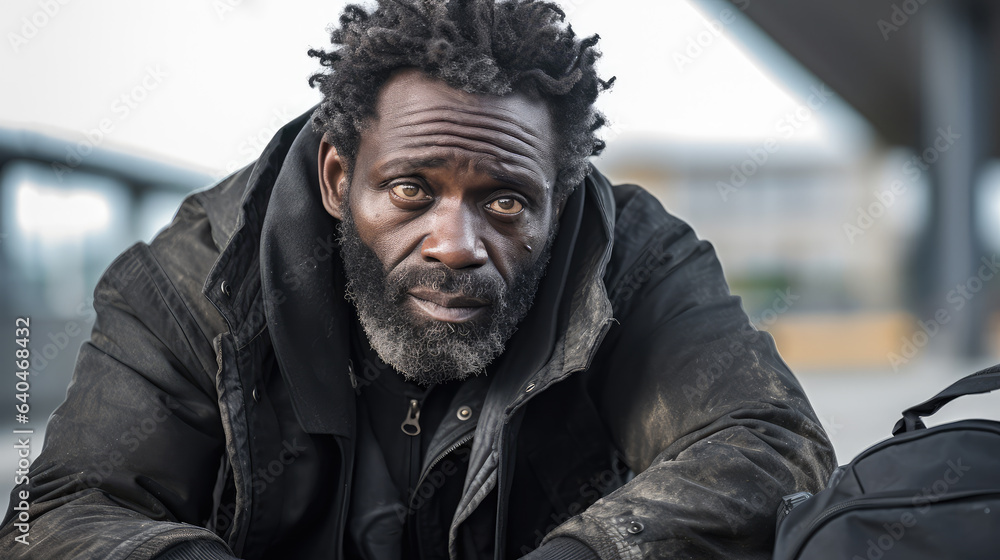 Black homeless garbage collector walking down the city street looking at the camera. Black homeless garbage collector walking down the city street looking at the camera.