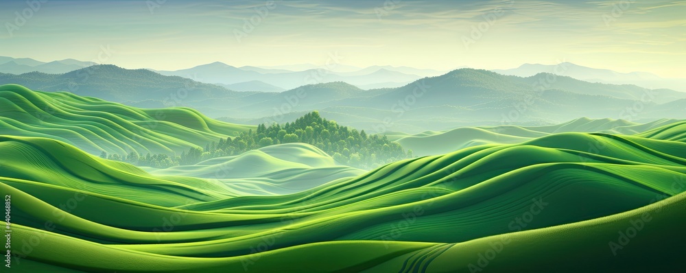 Panoramic view of a beautiful landscape of green hills and meadows. Abstract organic wallpaper background illustration.