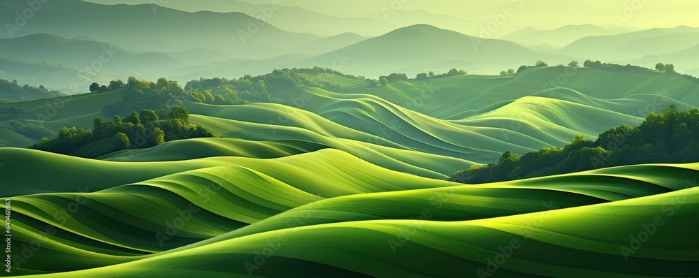 Panoramic view of a beautiful landscape of green hills and meadows. Abstract organic wallpaper background illustration. Panoramic view of a beautiful landscape of green hills and meadows. Abstract organic wallpaper background illustration.
