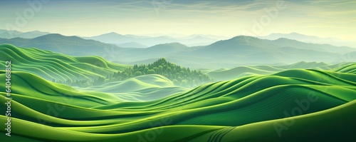 Panoramic view of a beautiful landscape of green hills and meadows. Abstract organic wallpaper background illustration. © Simon