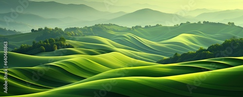 Panoramic view of a beautiful landscape of green hills and meadows. Abstract organic wallpaper background illustration. © Simon