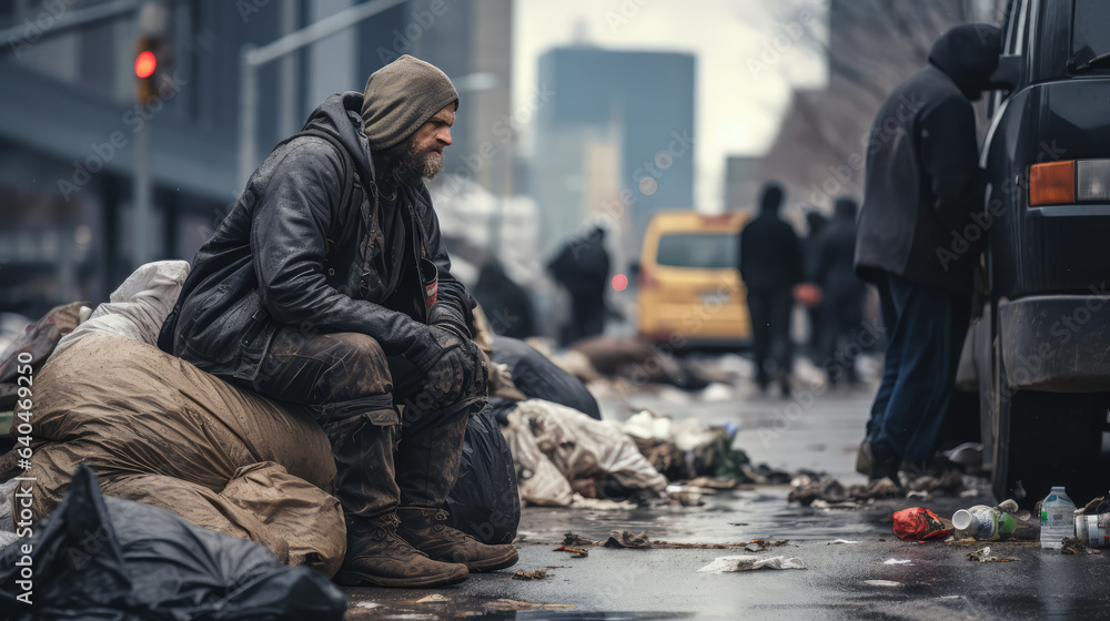Homeless scavenger sitting through city streets alone.