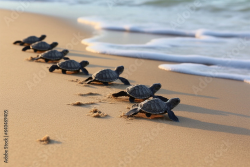 Fototapeta Newly hatched baby turtles head to the beach