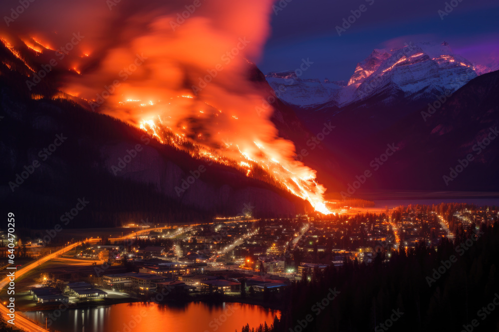 A wildfire is burning on a mountainside at night. The fire spreads down the mountain toward a town below. The town is lit by streetlights and is located next to a lake