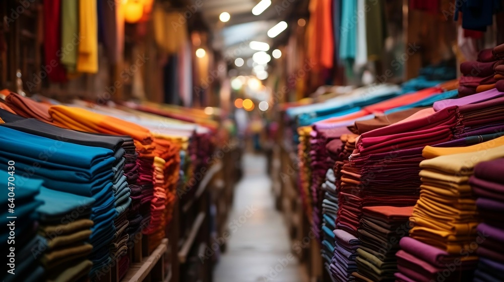 A sea of colorful fabrics in a bustling textile market
