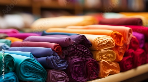 A sea of colorful fabrics in a bustling textile market 