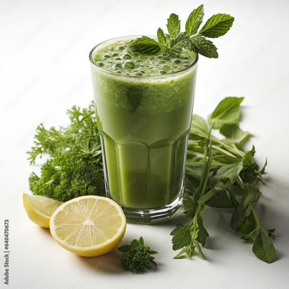 A healthy glass of green juice with fresh fruits and veggies. Generative AI. A healthy glass of green juice with fresh fruits and veggies. Generative AI.