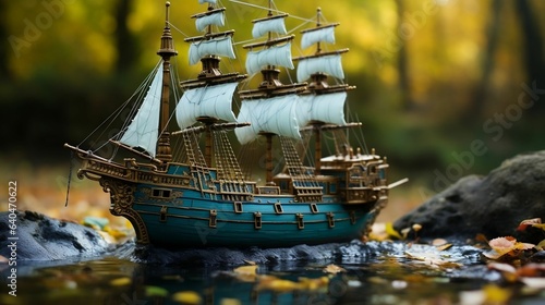 Miniature handcrafted wooden ship sailing through time 