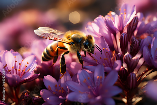 macro photo bee collects nectar from a purple flower © Yuliia