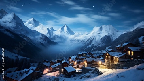 Snow-covered alpine village beneath star-studded night sky 