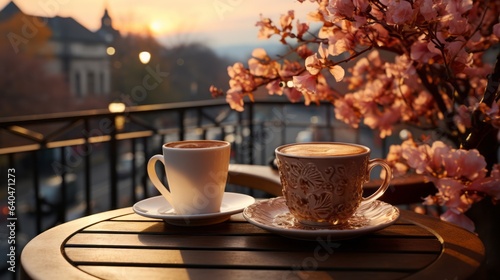 A delicious cup of hot chocolate served on an outdoor table in the fall. Generative AI. 