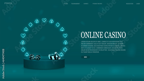 A web banner with poker dice and chips on the podium with a bright neon frame with card suits. A concept for a casino.