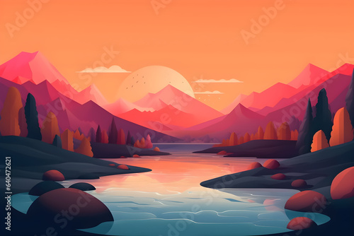 Mountain landscape with river and forest at sunset. AI Generastive