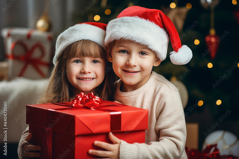 CHILDREN TOGETHER HOLDING A BIG RED GIFT BOX. CHRISTMAS GIFT.