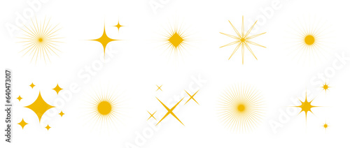 Gold sparkles and stars set. Yellow twinkles and sparks collection. Christmas and New Year decoration elements bundle. Vector illustration pack