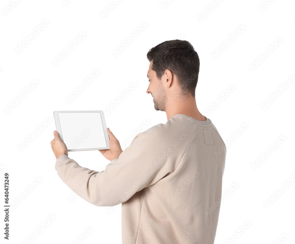 Man holding tablet with blank screen on white background. Mockup for design