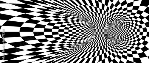 Fototapeta Naklejka Na Ścianę i Meble -  Abstract hypnotic spinning checkered background. Black and white check tunnel wallpaper. Psychedelic twisted square pattern. Rotating template for posters, banners, cover. Vector optical illusion