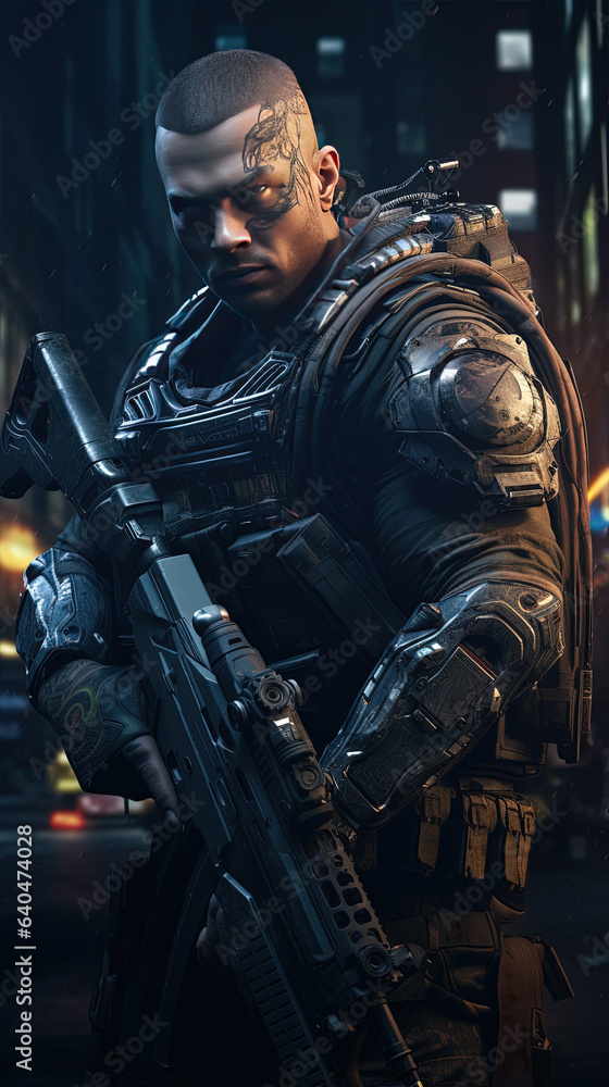 Fototapeta premium a soldier holding a rifle, special forces, futuristic, ruined city background.