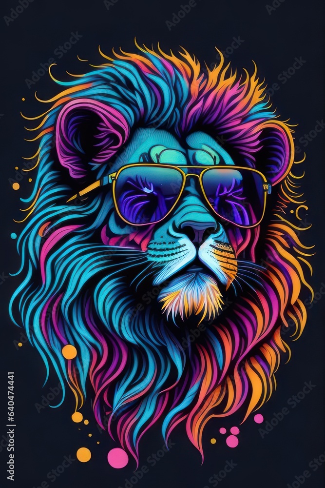 Colorful lion head illustration, wearing glasses, water droplets, screen-printed t-shirt. Generative AI Colorful lion head illustration, wearing glasses, water droplets, screen-printed t-shirt. Generative AI