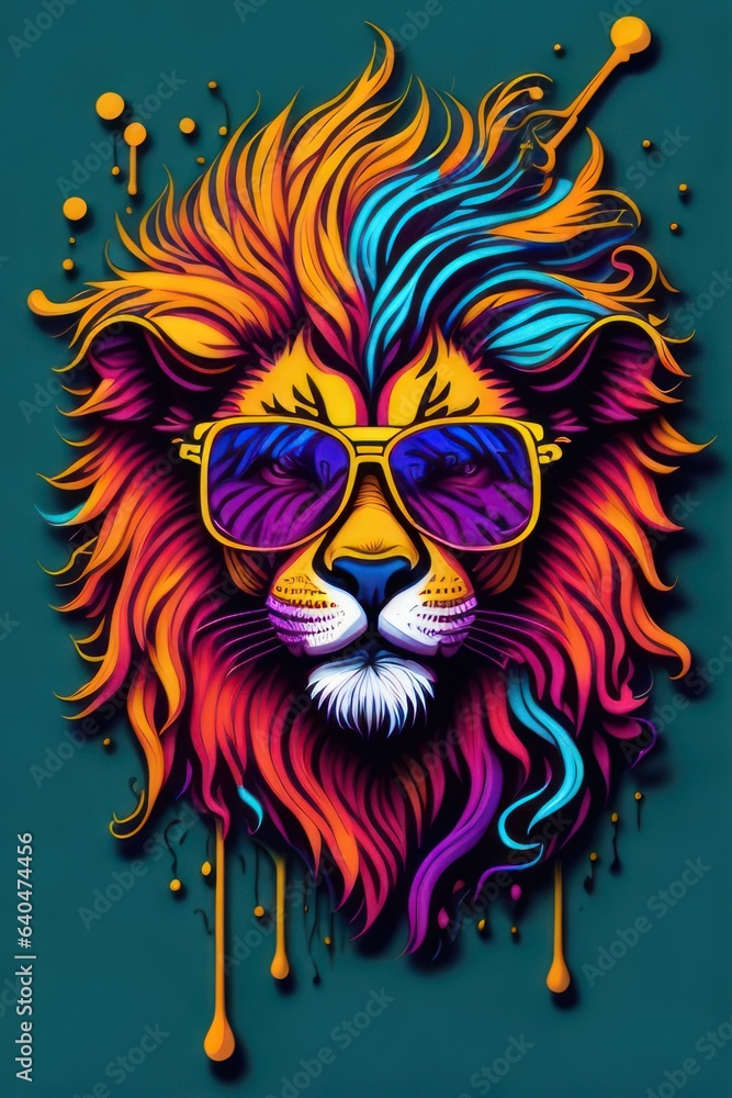 Colorful lion head illustration, wearing glasses, water droplets, screen-printed t-shirt. Generative AI