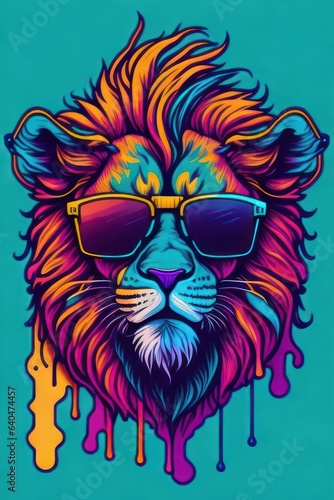 Colorful lion head illustration, wearing glasses, water droplets, screen-printed t-shirt. Generative AI