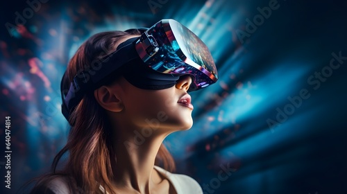 Virtual reality 3D augmented experience exited digital generate person wear VR glasses goggle headset hand gesture touch 3D object in the virtual world fun cheerful and remarkable, generative ai