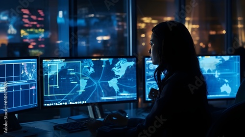 Beautiful  Female Cybersecurity Expert Working in a Futuristic High-Tech OfficeFuturistic Scene of High-Tech Cybersecurity Office, 