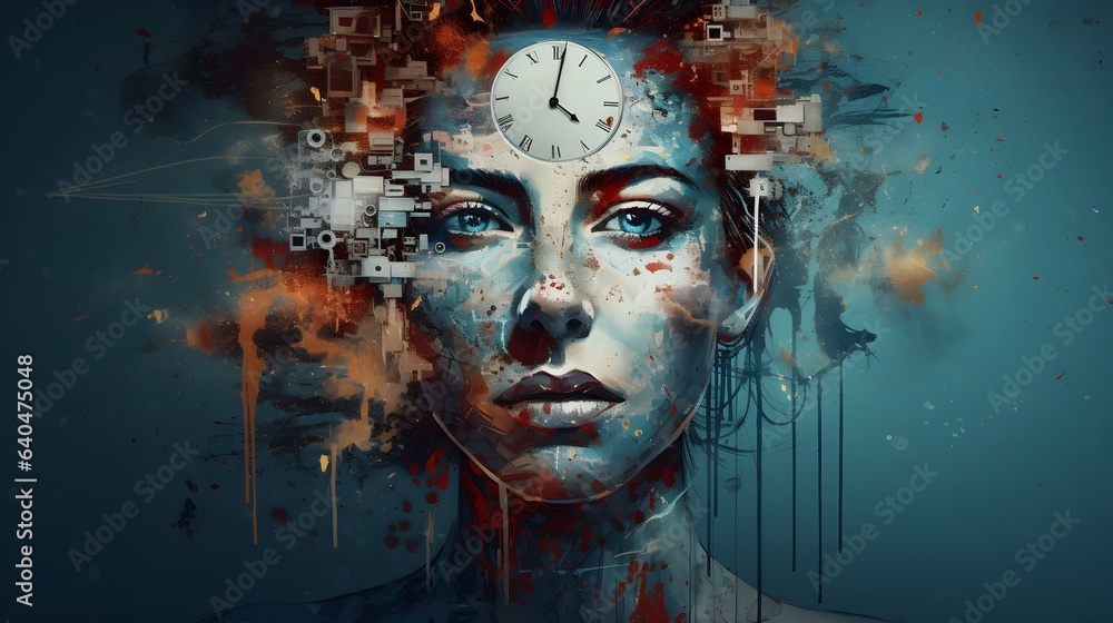 Creative woman with new ideas, alarm clock showing the human time importance, AI art, AI face clock art - obrazy, fototapety, plakaty 