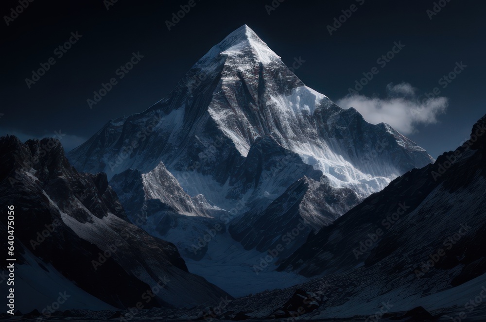 Obraz premium View of Mount Everest at night with starry sky and moon.Generative AI