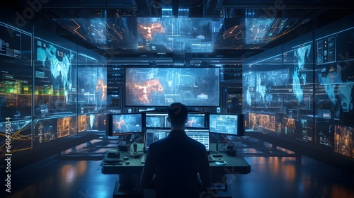 Cybersecurity Expert Working in a Futuristic High-Tech Office, Futuristic scene of High-Tech Cybersecurity Office