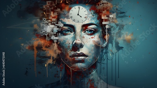 Creative woman with new ideas, alarm clock showing the human time importance, AI art, AI face clock art