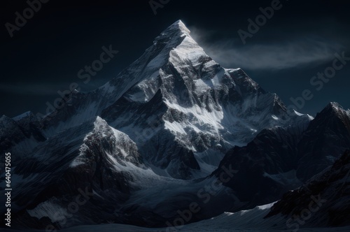 View of Mount Everest at night with starry sky and moon.Generative AI