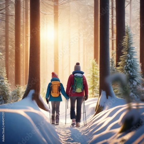 Behind the scenes of a family trekking in the snowy winter.Generative AI © 2D_Jungle