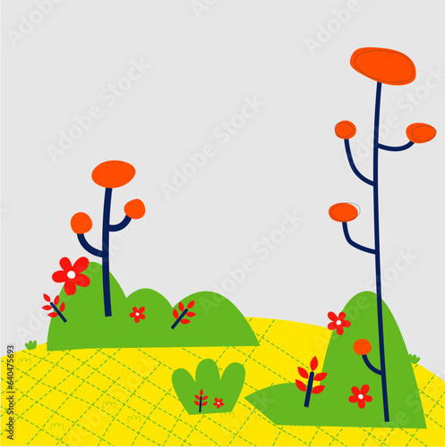 landscape with flowers and birds flat design