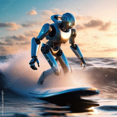 Intelligent AI robot surfing on a surfboard,concept AI robot mimics human activity.generative AI
