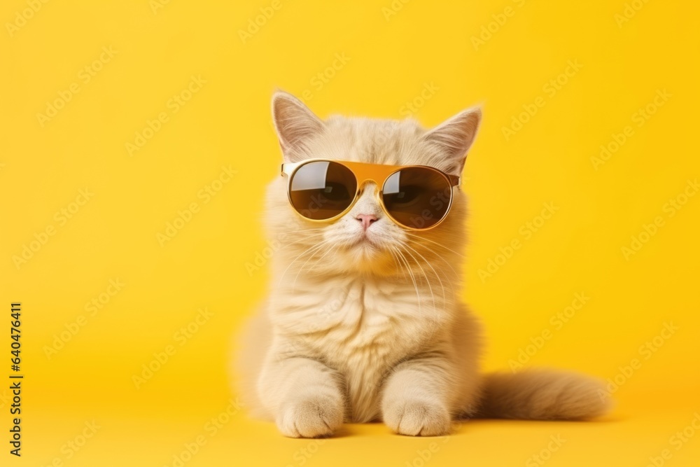 Close portrait of british furry cat in fashion sunglasses. Funny pet on bright yellow background. Kitten in eyeglass. Fashion style, cool animal concept with copy space	