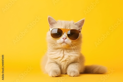 Close portrait of british furry cat in fashion sunglasses. Funny pet on bright yellow background. Kitten in eyeglass. Fashion style, cool animal concept with copy space  © ratatosk
