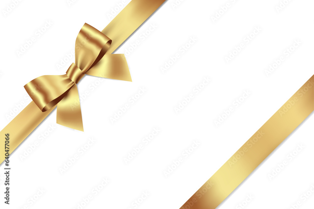 Gold Bow and Ribbon Realistic shiny satin with shadow place on left corner for decorate your wedding invitation card ,greeting card or gift boxes vector EPS10 isolated on white background. - obrazy, fototapety, plakaty 