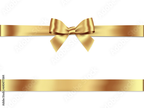 Gold Bow and Ribbon Horizontal Realistic shiny satin with shadow horizontal ribbon for decorate your wedding invitation card ,greeting card or gift boxes vector EPS10 isolated on white background.