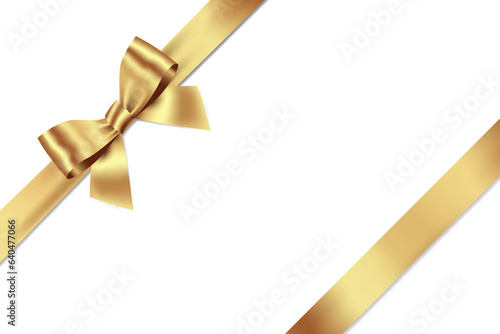 Gold Bow and Ribbon Realistic shiny satin with shadow place on left corner for decorate your wedding invitation card ,greeting card or gift boxes vector EPS10 isolated on white background. photo